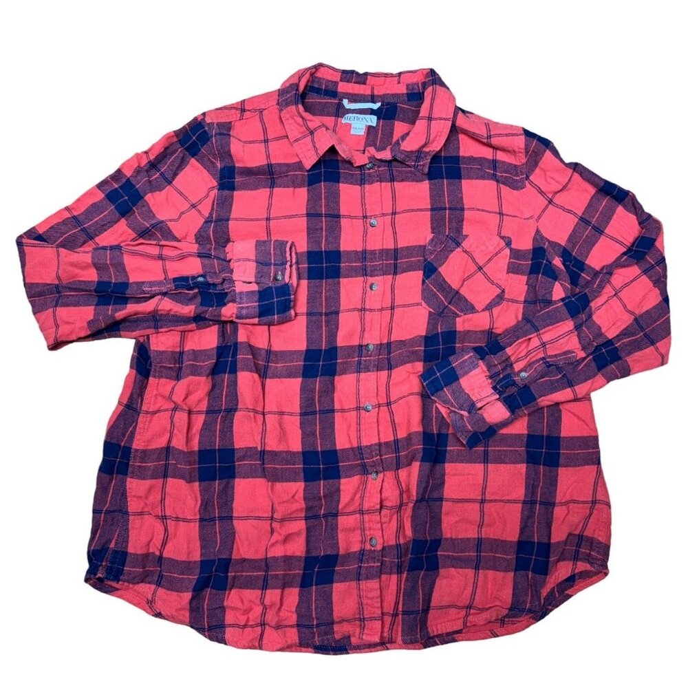 Plaid Merona Mens Red & Blue Button-Up Shirt XXL 100% Cotton Made In India